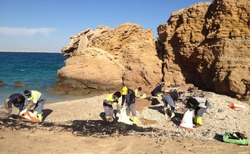 پاکسازی ساحل خنیزی جزیره هنگام از لکه‌های نفتی